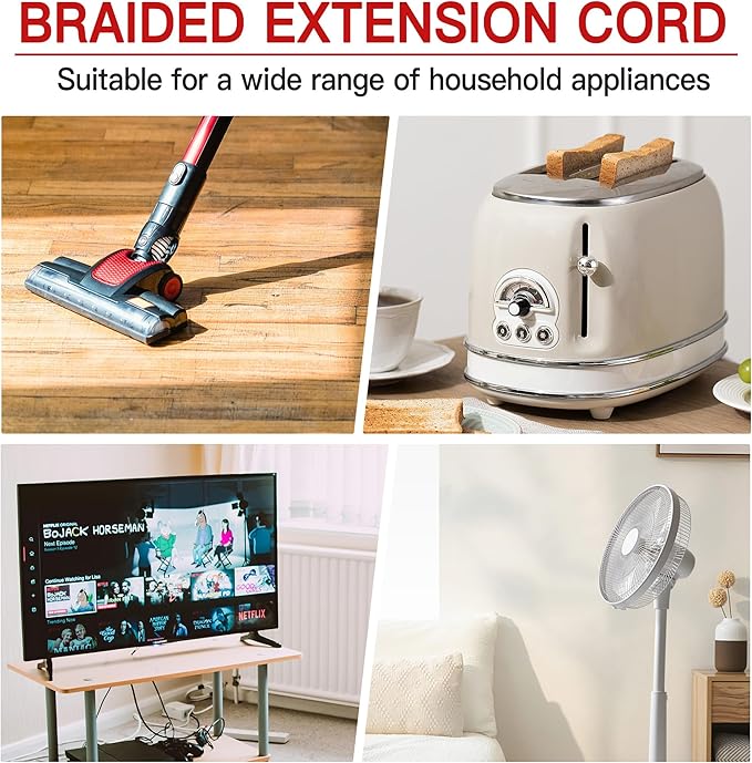 16/3 Flat Plug Braided Extension Cord 15 FT, Indoor 3 Prong Grounded Low Profile Extension Wire Flexible, Suitable for Home and Office, 13 Amp 1625 Watt 125VAC 16AWG, ETL Listed