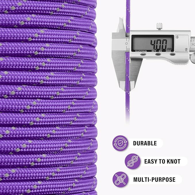 Reflective Paracord Rope 750 lb - 100ft 5/32" Parachute Cord 4MM 12-Strand para Cord - Heavy Duty Spool String for Survival,Camping Gear, Survival Bracelet, Clothesline - Purple