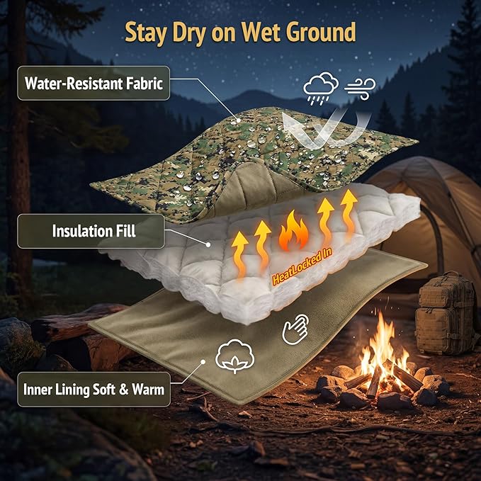 Insulated Camping Blanket | Military Poncho Liner for Hiking Backpacking Travel Hunting & Survival Gear, Water Resistant Outdoor Blanket with Lightweight & Packable Compression Bag (Camo)
