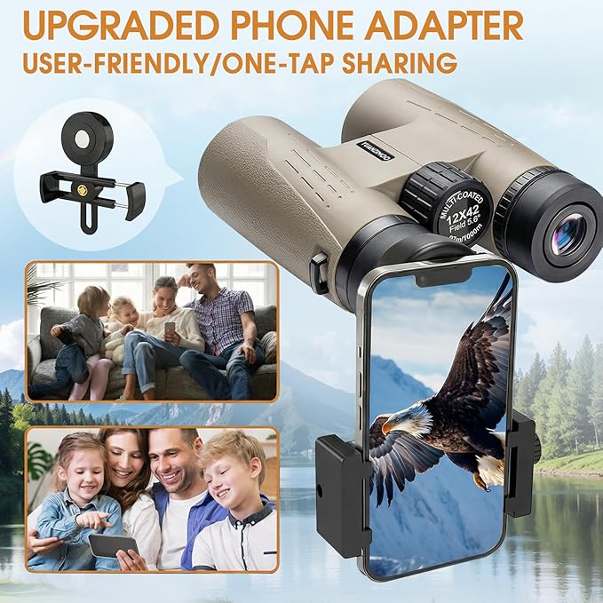 12x42 HD Binoculars for Adults High Powered Binoculars with Upgraded Phone Adapter Waterproof Compact Binocular with Low Light Night Vision for Bird Watching Hunting Outdoor Sports Concerts Green