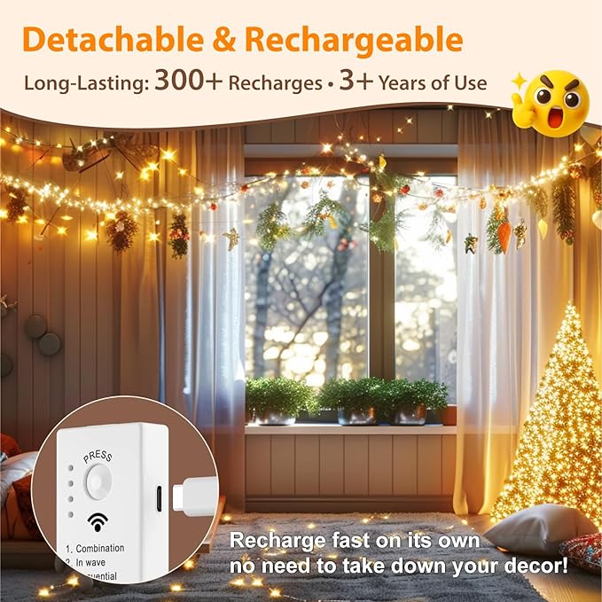 HXWEIYE Fairy Lights Battery Operated (Included) with DIY Timer & Remote，33ft 100LED Rechargeable Twinkle String Lights, 8 Modes Decor Light for Bedroom Indoor Wedding Dorm Christmas Tree(Warm White)