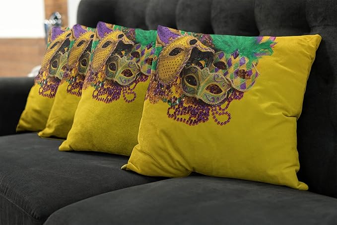 Ambesonne Mardi Gras Decorative Throw Pillow Case Pack of 4, Colorful Group of Venetian Carnivals Accessories, Cushion Cover for Couch Living Room Car, 24", Purple Yellow