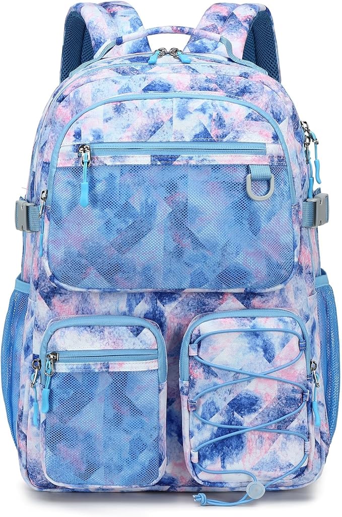 Lohol Multi-Pocket Backpack for School College Travel, Heavy Duty Big Bookbag with 15.6 inch Laptop Compartment (Blue Pink Tie-Dye
