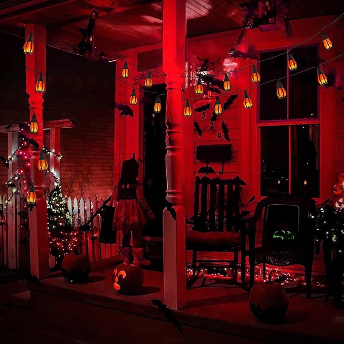 Solar String Lights for Outside, 33Ft Solar Patio Lights with 15 Flickering Flame Light Bulbs, Waterproof Red Solar Powered Outdoor Light for Garden Yard Patio Gazebo Bistro Cafe Porch Party Decor
