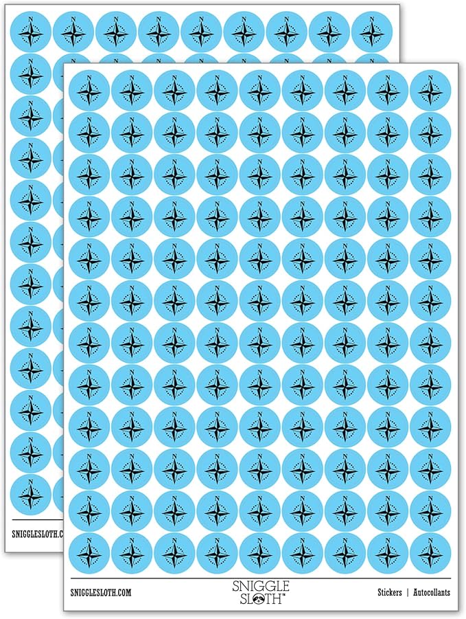 Compass Rose Nautical Star Navigation Map 200+ Round Stickers - Matte Finish - 0.50" Size - Light Blue