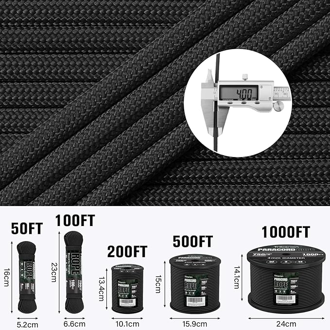 Paracord Rope 750 lb - 1000ft 5/32" Parachute Cord 4MM 12-Strand para Cord - Heavy Duty Spool String for Survival,Camping Gear, Survival Bracelet, Clothesline - Black