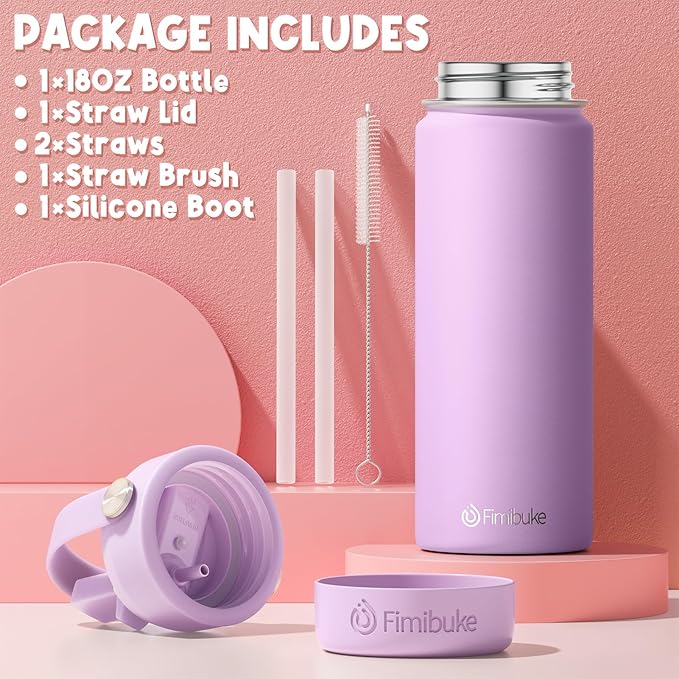 Fimibuke Kids Insulated Water Bottle, 18oz BPA FREE 18/8 Stainless Steel Kids Cup with Straw Travel Tumbler Double Wall Vacuum Leak Proof Toddler Water Bottle for School Boys Girls(1 Pack, Lilac)