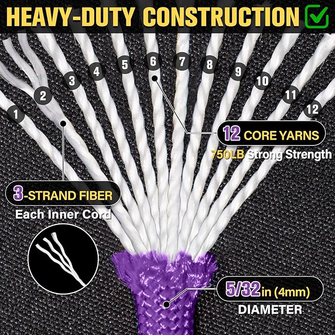 Paracord Rope 750 lb - 200ft 5/32" Parachute Cord 4MM 12-Strand para Cord - Heavy Duty Spool String for Survival,Camping Gear, Survival Bracelet, Clothesline - Purple