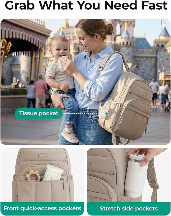 BAGSMART Diaper Bag Backpack, Multi-Pocket Puffy Diaper Bag with Waterproof Changing Pad, Lightweight Stroller-Friendly Diaper Bag with Insulated Pockets, Easy-Access Baby Essential, Green