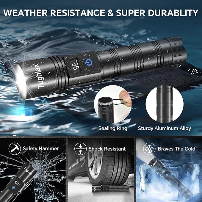 3Pack Rechargeable Flashlights High Lumens, Super Bright Flashlight with LCD Digital Display, 5 Modes Adjustable LED Flashlight Tactical Flashlights High Powered, Flash Lights for Emergency