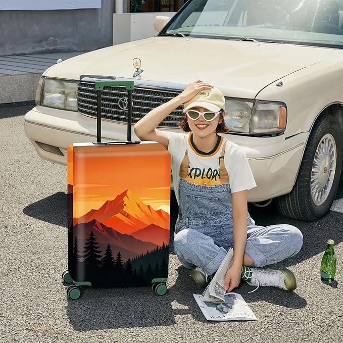 Retro Mountain Landscape Sunset Travel Luggage Cover -Stretchable Airplane Suitcase Protector Sleeve,Universal Washable Fit for 28-30 Inch Checked Baggage,Water Resistant Durable Luggage Protector