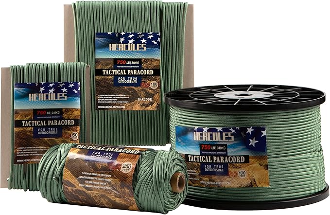 HERCULES 750lb Paracord 4mm 11 Strands Tactical Parachute Cord, 50' 100' 250' 1000' Utility Rope for Camping, Survival, Outdoor Gear (Olive Green, 100FT)
