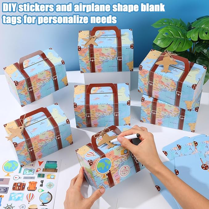 24Pcs Large Suitcase Party Favor Boxes Travel The Map Paper Treat Box with Tags Birthday Supplies Travel Theme Candy Goodie Gift Boxes for Birthday Baby Shower Wedding Adventure Party Table Decoration