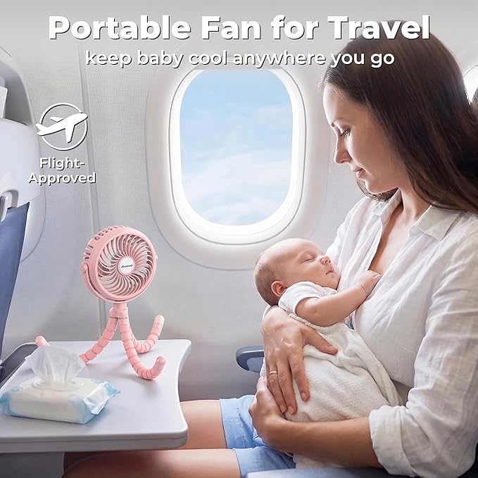 AMACOOL Battery Operated Stroller Fan, Baby Travel Essentials for Beach Disney, Newborn Boy & Girl Showers Gifts Registry Search, Flexible Tripod Clip On Fan for Car Seat Wagon Crib Bike Treadmill