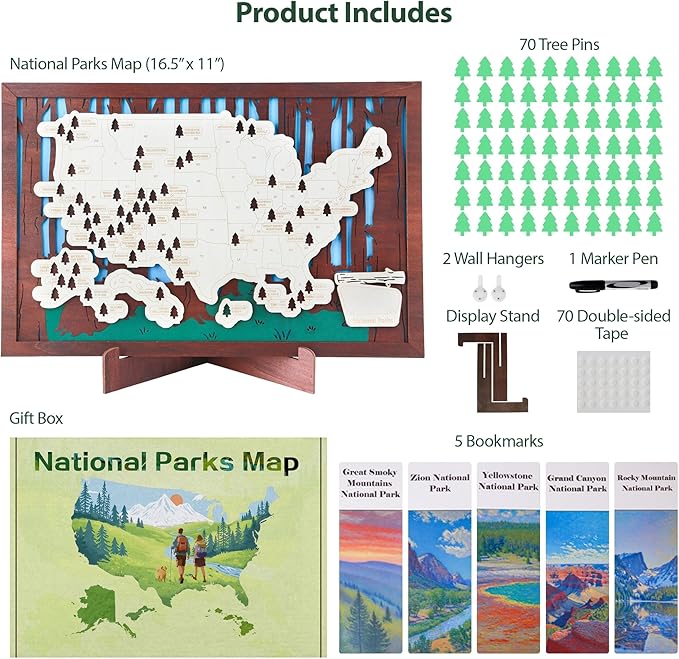 Wooden US National Parks Map Travel Tracker – 3-Layer Framed Wall Art with 70 Tree Pins, Stand, Marker & Gift Box – National Park Checklist Map, Holiday and Educational Geography Gift for Adventurers, Families & Outdoor Lovers, Perfect for RV, Home & H...