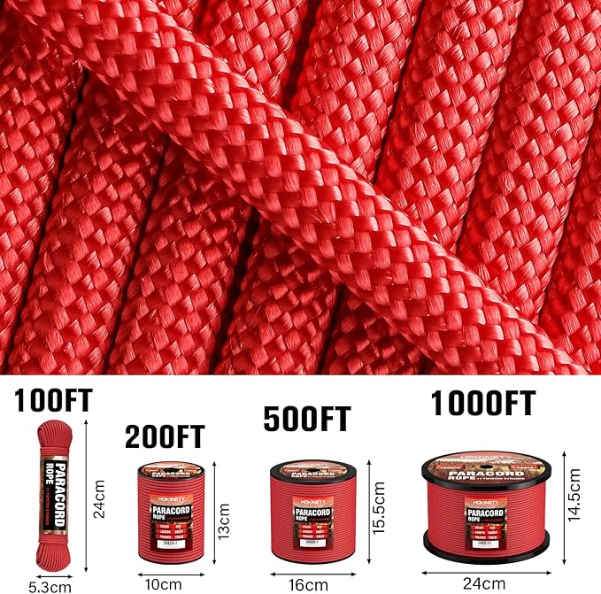 Paracord Rope 750 - Parachute para Cord 4mm 11 Strand Spool Rope Utility Nylon String for Outdoor Camping Survival Utility Tent Crafting DIY Projects - Red 1000ft