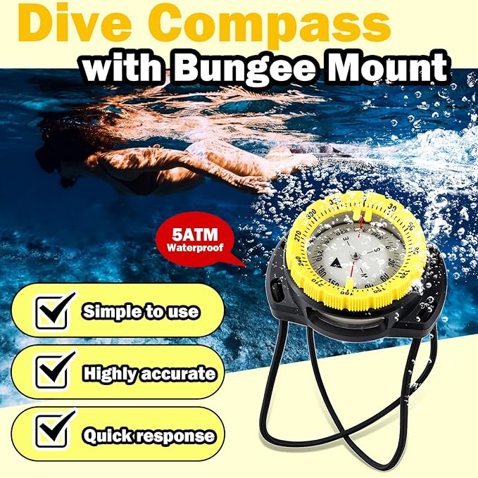 Scuba Dive Compass, Waterproof 5ATM Marine Navigation Wrist Compass with Bungee Mount and Cord, Glow in The Dark for Underwater Diving, Sailing, Camping, Kayaking, Hiking