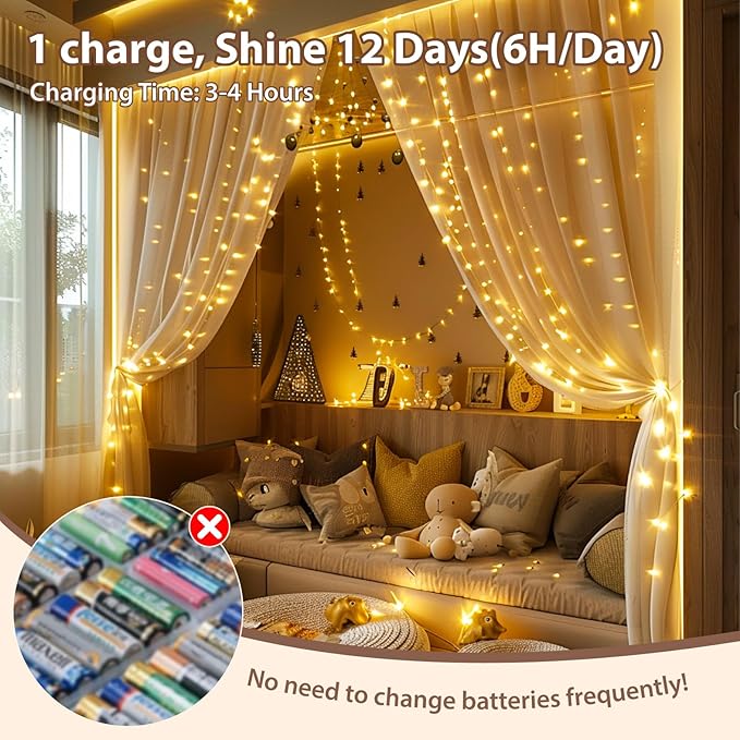 HXWEIYE Fairy Lights Battery Operated (Included) with DIY Timer & Remote，33ft 100LED Rechargeable Twinkle String Lights, 8 Modes Decor Light for Bedroom Indoor Wedding Dorm Christmas Tree(Warm White)