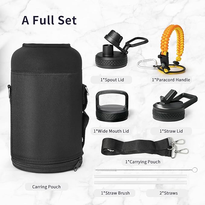 Trebo Insulated Water Bottle 64 oz, Half Gallon Metal Vacuum Water Jug with Paracord Handle and 3 Lids, Leakproof BPA-Free Water Flask for Gym Sports Hiking Travel, Keep Cold 48 Hours, Orange