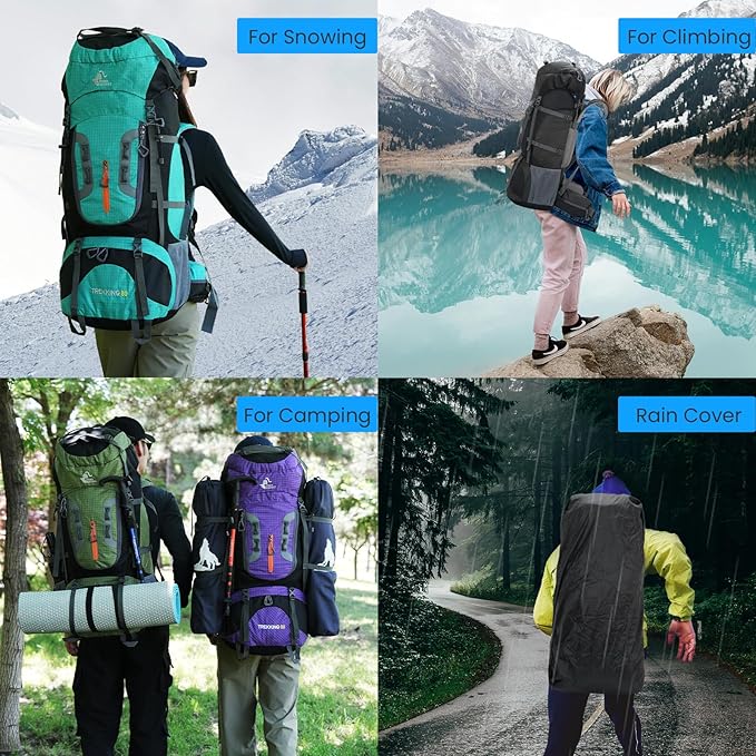 Bseash 80L Waterproof Hiking Camping Backpack with Rain Cover, Lightweight Outdoor Sport Travel Daypack for Climbing Touring (Purple)