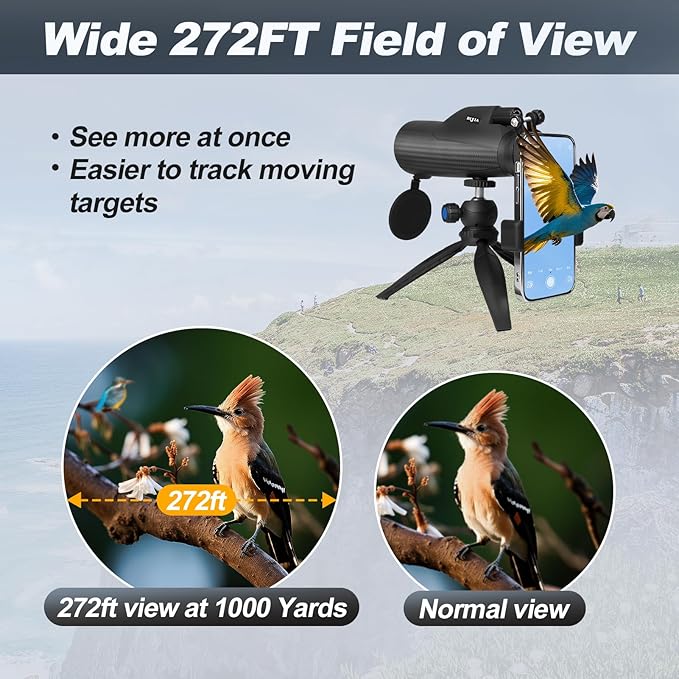 BIJIA 10x50 Monocular Telescope – True 10x Steady Handheld Scope with Phone Adapter & Tripod for Clear Long-Distance Bird Watching, Travel & Outdoor Viewing