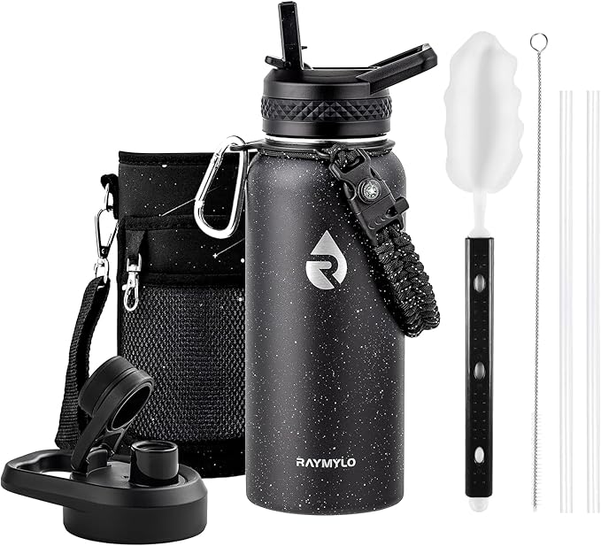 RAYMYLO Insulated Water Bottle 32 oz, Triple Wall Vacuum Stainless Steel (Cold for 24Hrs, Hot for 12Hrs), Leak Proof & Non-BPA, Modern Water Flask Jug with Paracord Handle & Straw Spout Lids