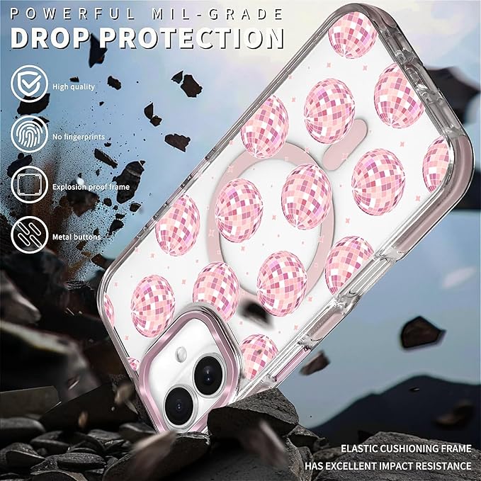 Case for iPhone 16 Plus,[Compatible with MagSafe],Disco Balls Pink Phone Case Design，for Women Girls Magnetic Clear Cover - Slim, Sleek, & Shockproof Protection