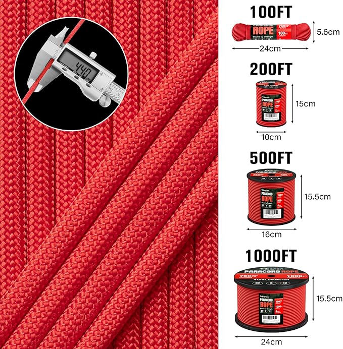 1200 Paracord Rope - 4.4mm 14 Strand Nylon Parachute Spool para Cord Lanyard for Outdoor Camping Survival Utility Tent Crafting DIY Projects Fishing Clothsline Bracelet - Red 100FT