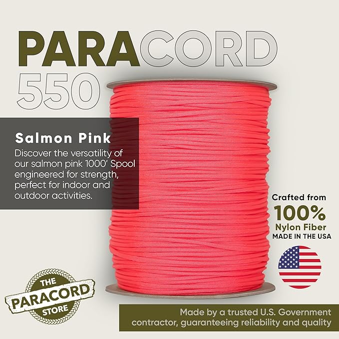 The Paracord Store | Type III 550 Paracord - 250 FT Spool, Salmon Pink | Heavy Duty 7 Strand Tactical Paracord - USA Made Nylon Outdoor Parachute Cord for Camping, Fishing & More - Survival Cord