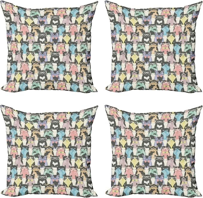 Ambesonne Funny Cartoon Throw Pillow Cushion Case Pack of 4, Theme of Playful Hipster Cats with Glasses Colorful Dotted Designed Print, Modern Accent Double-Sided Digital Printing, 20", Charcoal Grey