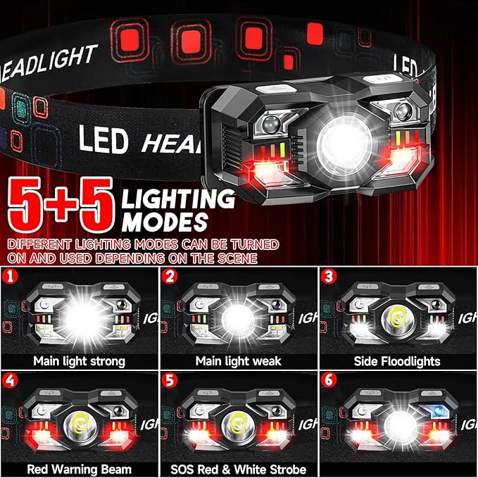 Headlamp Rechargeable 2Pack, 3000 Lumen Ultra-Light Bright Headlamp Flashlight with White Red Light, LED Headlight, 5+5 Mode for Outdoor Camping Fishing Running Hiking