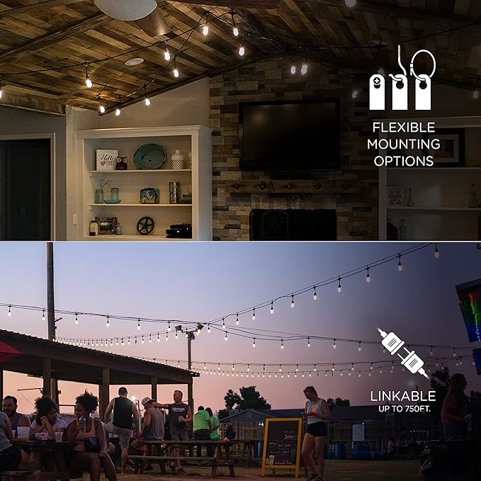 Enbrighten Classic Warm White String Lights, 48ft Black Cord, 24 Shatterproof Acrylic Bulbs, Weatherproof, Outdoor String Lights, 31664 (Pack of 2)