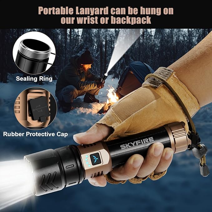 SKYFIRE Rechargeable Flashlights High Lumens with Ignition Lens &3 Colors Light,10000mAh LED Super Bright Flashlight, Zoomable,4Modes,Waterproof Tactical Flash Light for Outdoor,Home &Gift