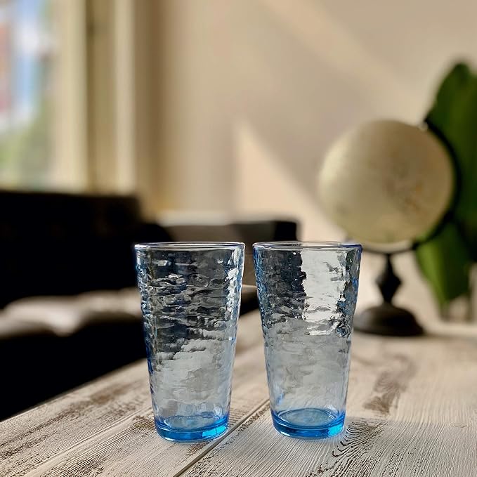 KLIFA- RIPPLE- 16 & 22.5 ounce, Set of 8, Acrylic Tumbler & Highball Drinking Glasses Cups, BPA-Free, Stackable Plastic Drinkware, Dishwasher Safe, Ocean Blue
