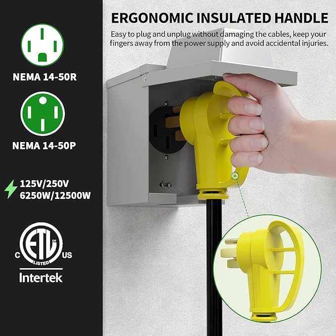 POWGRN NEMA 14-50P to NEMA 14-50R 50 Amp RV/EV Extension Cord 6 FT Outdoor with Grip Handle, Flexible Heavy Duty RV Power Cord Waterproof, 50A 125/250V 6250/12500W STW, Black-Yellow, ETL Listed