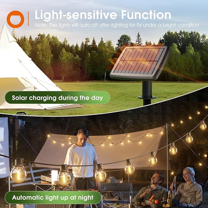 addlon 31FT (25+6) Solar String Lights with Remote, 13 Shatterproof G40 Bulbs, Solar Powered & USB Charging Patio Lights, Dimmable Waterproof Solar Light Outdoor for Camping Porch Backyard Party Decor