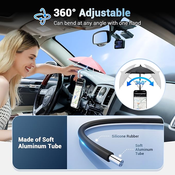 Double Magnetic Phone Umbrella,UPF45+ Magnetic Phone Sunshade Shield for Sun with 360°Adjust & Black Anti-UV Coating,Cellphone Umbrella Compatible with Magsafe Phone-Grip/Magsafe Car Phone-Mount