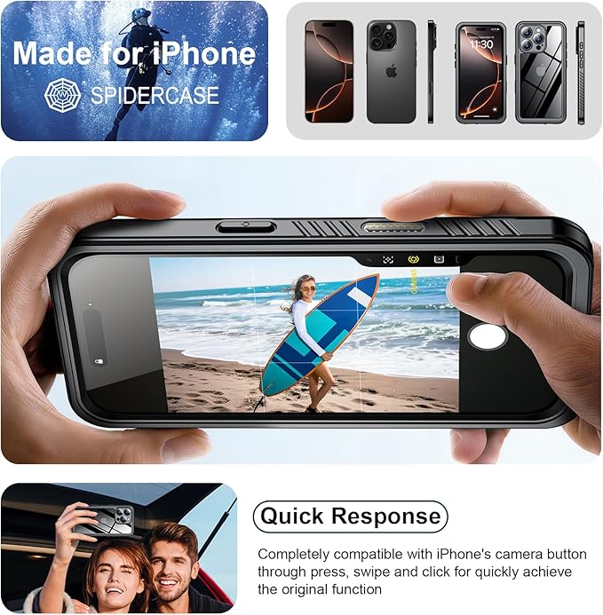 SPIDERCASE for iPhone 16 Pro Max Case Waterproof, Built-in Screen & Camera Protector [IP68 Underwater][Full Body Shockproof][Dustproof] 12FT Heavy Duty Rugged Phone Cover 6.9 inch, Black