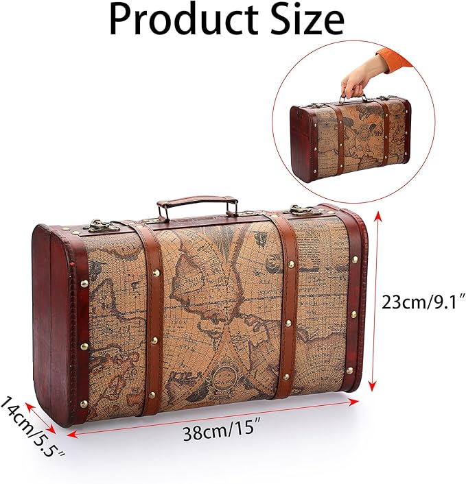 ELLDOO Vintage Wooden Storage Chest, Portable Decorative Luggage Suitcase, Treasure Chest Box with Map Pattern, Pirate Keepsakes Box for Gifts, Chest Storage Box for Decor Storage Travel