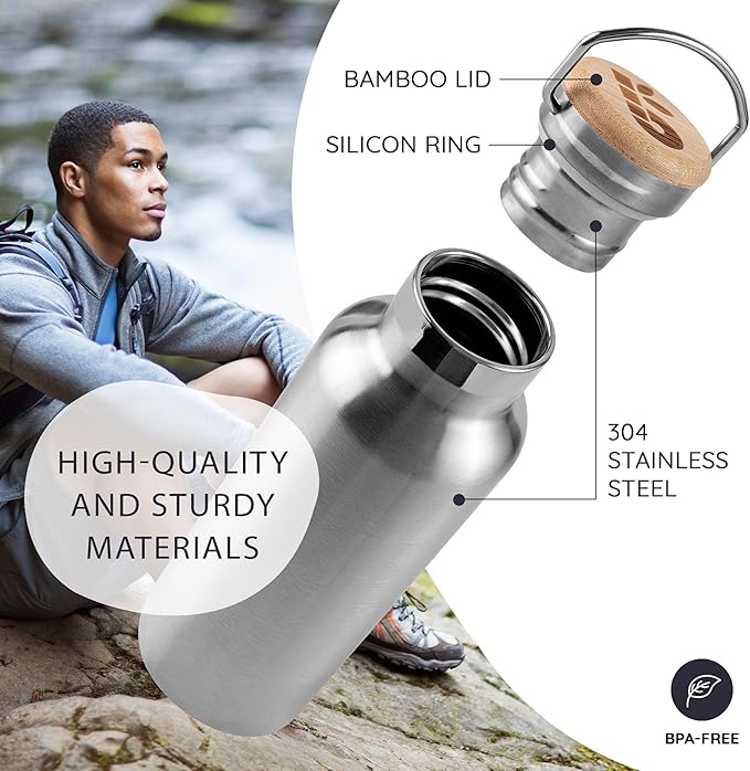 Bambaw 12 oz Metal Water Bottle, Insulated Water Bottle Stainless Steel Double Wall, Great for Travel, Gym or Work, Made of High-Grade Stainless Steel, Wide Mouth for Easy Cleaning (Natural Steel)
