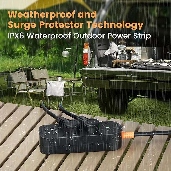 Outdoor Power Strip Weatherproof 6 FT Extension Cord Waterproof Surge Protector Power Strip, 3 AC Outlets, 1625W Overload Protection, for Camping, Home, Office, Garden, FCC UL Listed