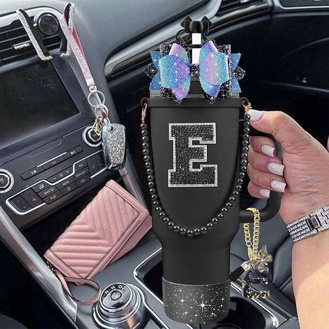 9PCS Black for Stanley Cup Accessories Set Bling Initials Bow Charms for Stanley Decorations 30/40 Oz Tumbler Accessories Including Bow Straw Topper, Handle Strap, Spill Stopper（Letter E）