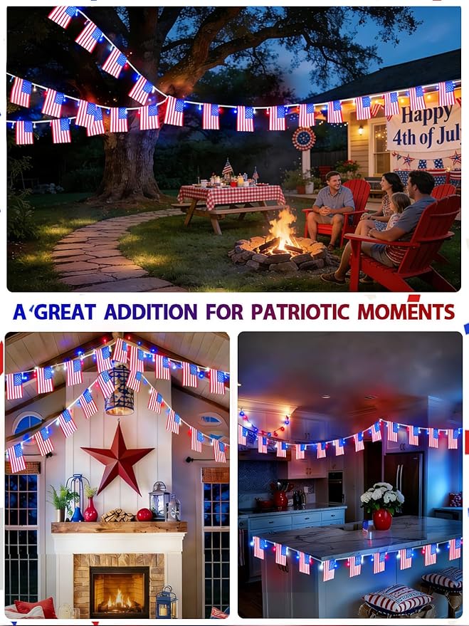 4th of July Decoration, 24FT 50LED Red White and Blue String Lights 25 American Flags, Battery Operated Patriotic Lights Waterproof 8 Modes, Remote & Timer for 250th Anniversary Independence Day Decor