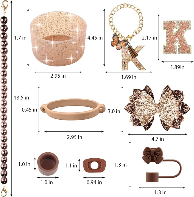 9PCS Brown for Stanley Cup Accessories Set Bling Initials Bow Charms for Stanley Decorations 30/40 Oz Tumbler Accessories Including Bow Straw Topper, Handle Strap, Spill Stopper（Letter K）
