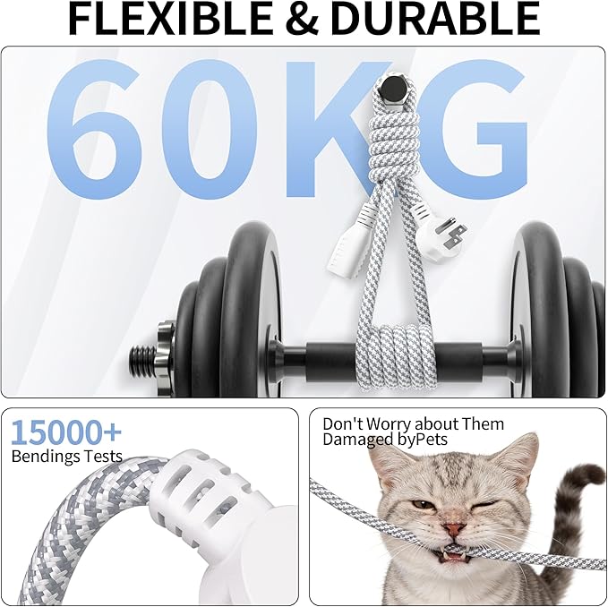 16 Gauge Braided Extension Cord 10 FT, 16/3 Flat Plug Power Cord Indoor, 3 Prong White Extension Cable Flexible for Home Dorm Room Essentials, 13A 125V 1625W, ETL Listed