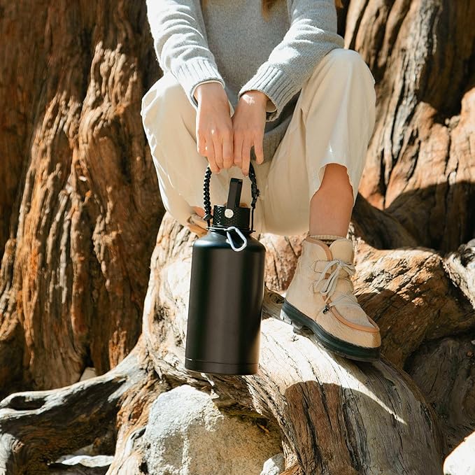 Insulated Water Bottle 64oz,Triple Wall Vacuum Stainless Steel(Dishwasher Safe),Leak Proof & Non-BPA,Flask Jug with Paracord Handle & Straw Spout Lids Sports Green