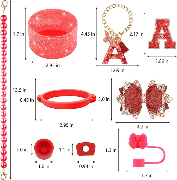 9PCS Red for Stanley Cup Accessories Set Bling Initials Bow Charms for Stanley Decorations 30/40 Oz Tumbler Accessories Including Bow Straw Topper, Handle Strap, Spill Stopper（Letter A）