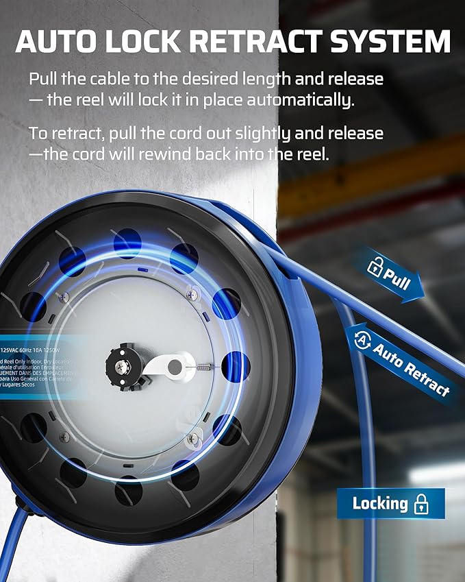 DEWENWILS 30FT Retractable Extension Cord Reel, Ceiling/Wall Mount 16/3 SJTW Power Cord with 3 Lighted Triple Outlets for Garage Shop, 10 Amp Circuit Breaker, Metal Plate, ETL Listed, Blue