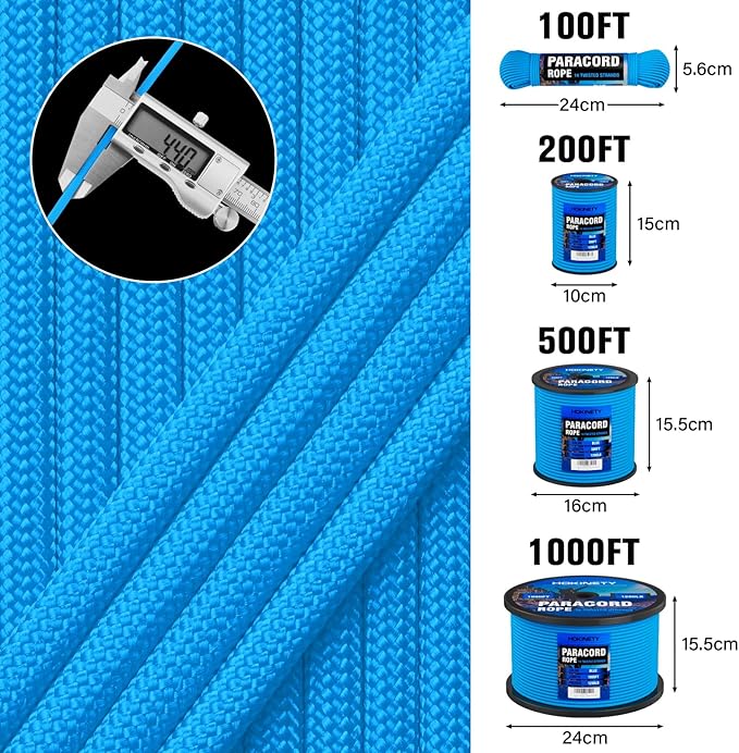 1200 Paracord Rope - 4.4mm 14 Strand Nylon Parachute Spool para Cord Lanyard for Outdoor Camping Survival Utility Tent Crafting DIY Projects Fishing Clothsline Bracelet - Blue 500FT