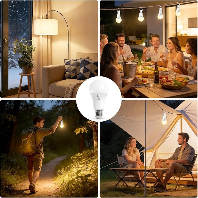 Kimjo 6 Pack Rechargeable Light Bulbs with Remote, Keep Lighting During Power Outage, 2600mAh Emergency Battery Operated Light Bulb with 3 Colors, Dimmable for Home, Camping, Tent (E26, with Hook)